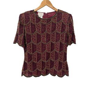 Stenay Fully Beaded Silk Blouse Size Large Brown Shoulder Pads Evening Top